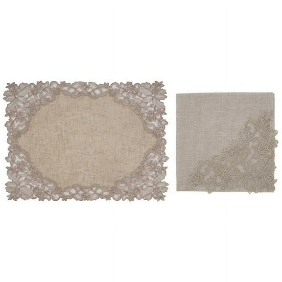 SARO 1969.N Table Napkin & Placemat Set with Natural Lace & Embroidered Design