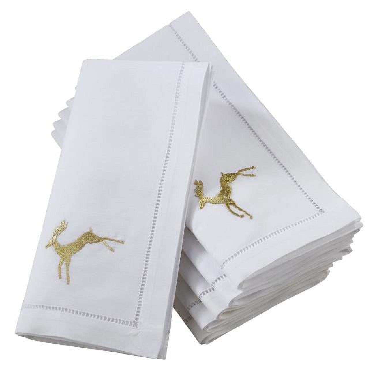 SARO 20 in. Broderie Square Hemstitch Napkins with Embroidered Gold