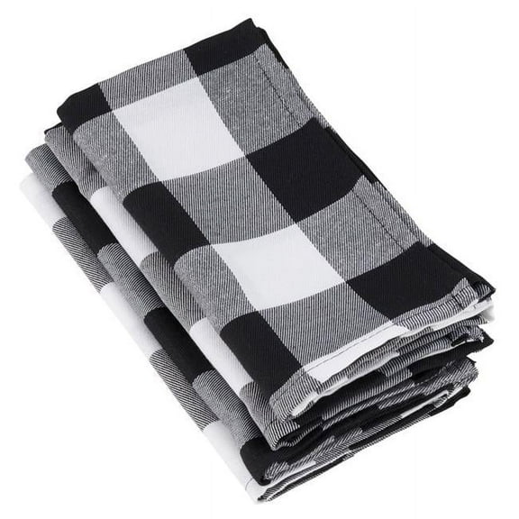SARO  20 in. Square Buffalo Plaid Check Pattern Design Cotton Napkin - Black  Set of 4