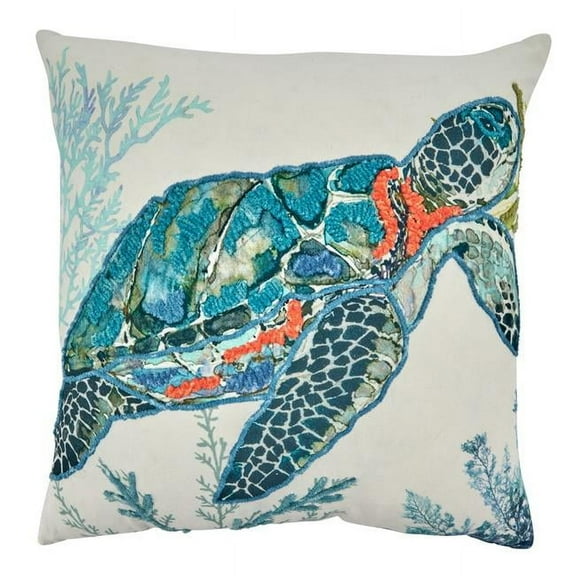 SARO  20 in. Square Down Filled Throw Pillow with Sea Turtle Design