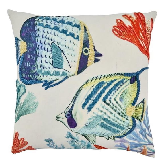 SARO  20 in. Square Poly Filled Throw Pillow with Tropical Fish Design