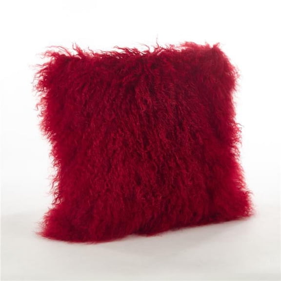 SARO 20 in. Square Wool Mongolian Lamb Fur Throw Pillow Red