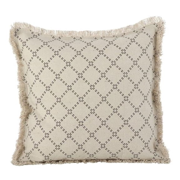 SARO 2147.N20S Diamond Design Fringe Trim Cotton Down Filled Throw Pillow - Natural