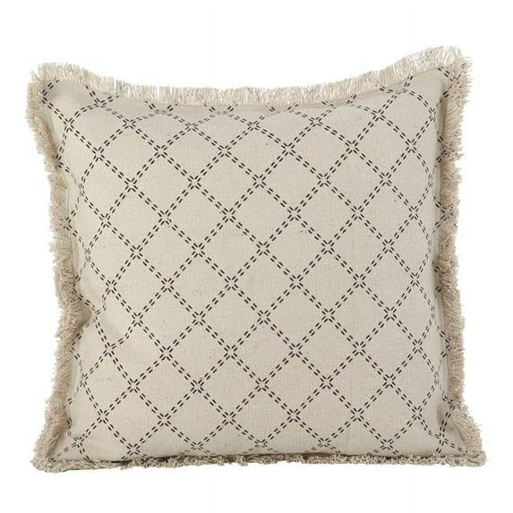 SARO 2147.N20S Diamond Design Fringe Trim Cotton Down Filled Throw Pillow - Natural