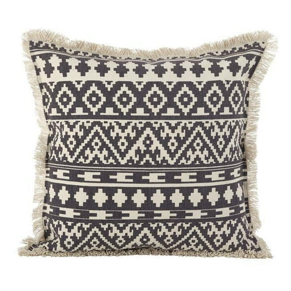 SARO 2152.GY20S Aztec Tribal Design Fringe Trim Cotton Down Filled Throw Pillow - Grey