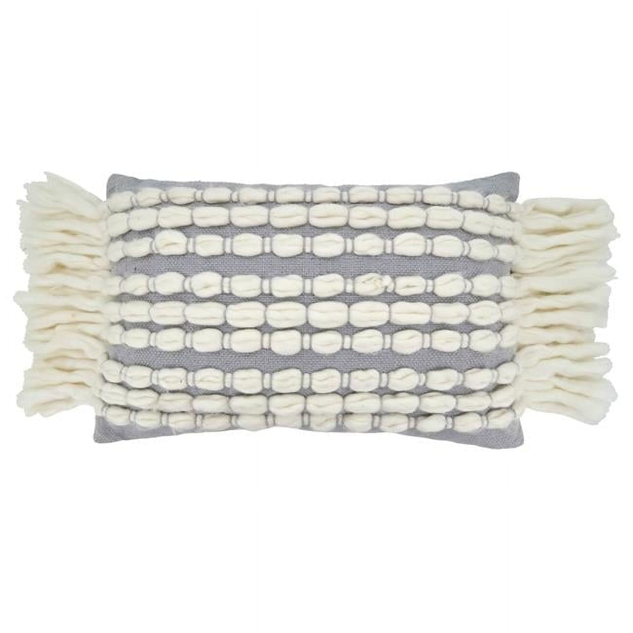 Gray and White Rectangular Chunky Fringe Throw Pillow