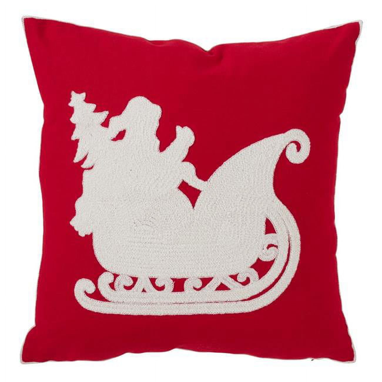 Red and White Embroidered Santa's Sleigh Christmas Pillow