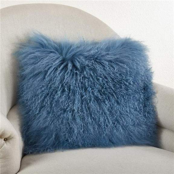 SARO 3564.BG16S 16 in. Square Wool Mongolian Lamb Fur Throw Pillow Blue & Grey