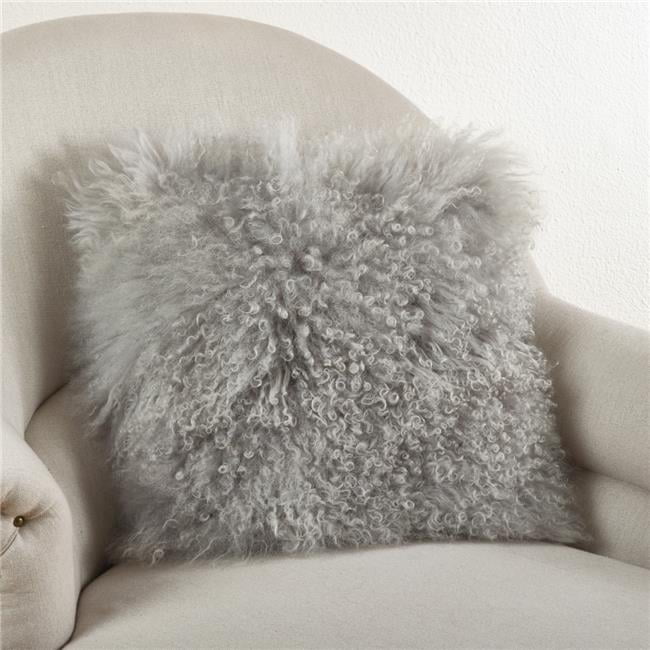 Fog Gray Wool Mongolian Lamb Fur Square Throw Pillow