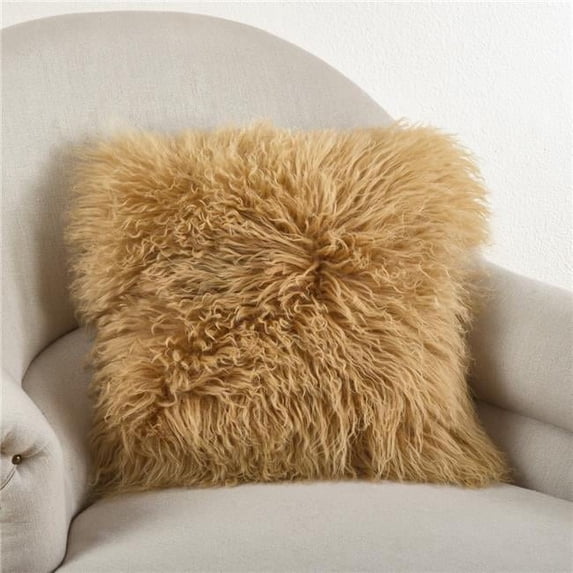 SARO 3564.GL20S 20 in. Square Wool Mongolian Lamb Fur Throw Pillow Gold