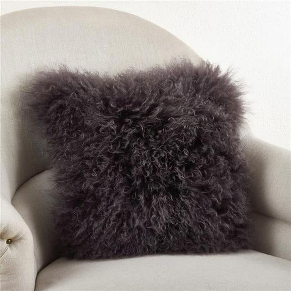 SARO 3564.GY16S 16 in. Square Wool Mongolian Lamb Fur Throw Pillow  Grey