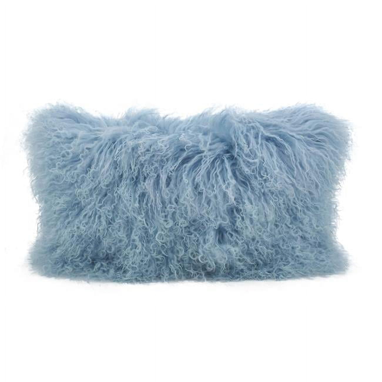 SARO 12 x 20 in. Wool Mongolian Lamb Fur Throw Pillow Ice  Blue