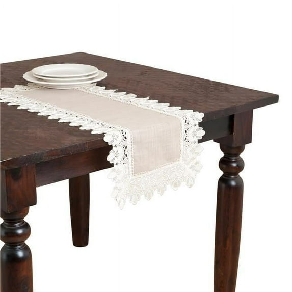 SARO 36 in. Rectangle Saro Taupe Lace Trimmed Table Runner - Taupe