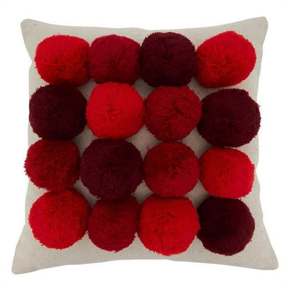 SARO 380.R18SD 18 in. Square Red Big Pom Pom Down-Filled Throw Pillow