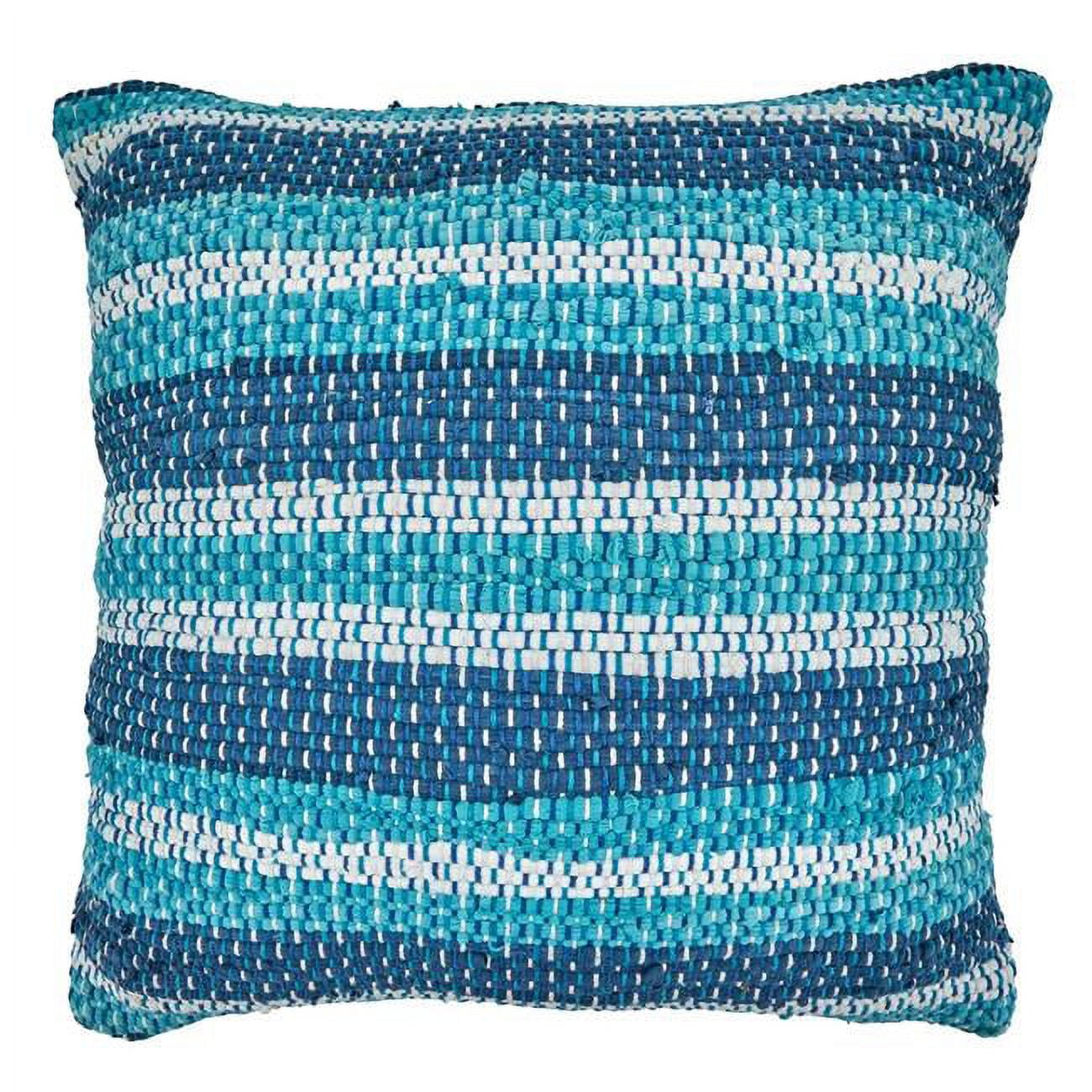 Blue Striped Chindi Throw Pillow with Down Filling, 22" x 22"