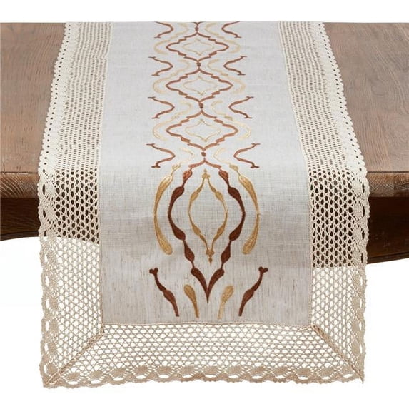 SARO 4799.N1672B 16 x 72 in. Rectangle Laced in Poly & Linen Blend Table Runner - Natural