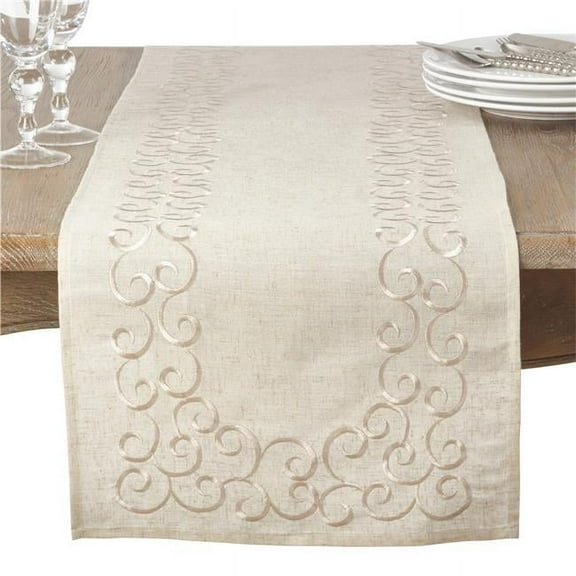 SARO 493.N1672B 16 x 72 in. Rectangular Embroidered Swirl Design Linen Blend Table Runner - Natural