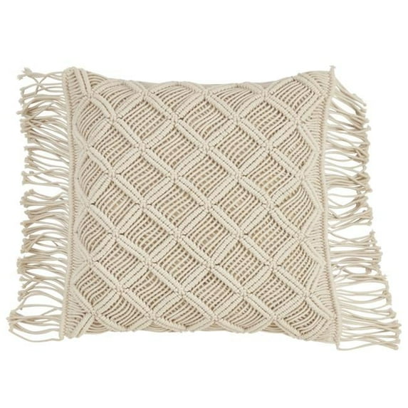 SARO 5148.N18S 18 in. Square Down Filled Macrame Throw Pillow - Natural