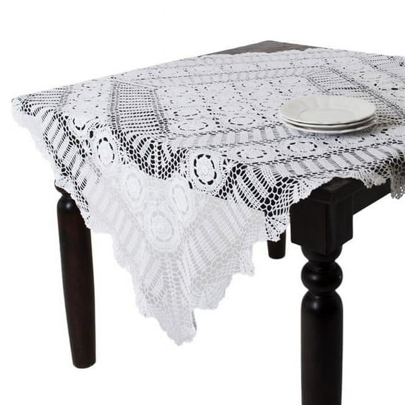 SARO 54 in. Square Handmade Crochet Cotton Lace Table Linens - White
