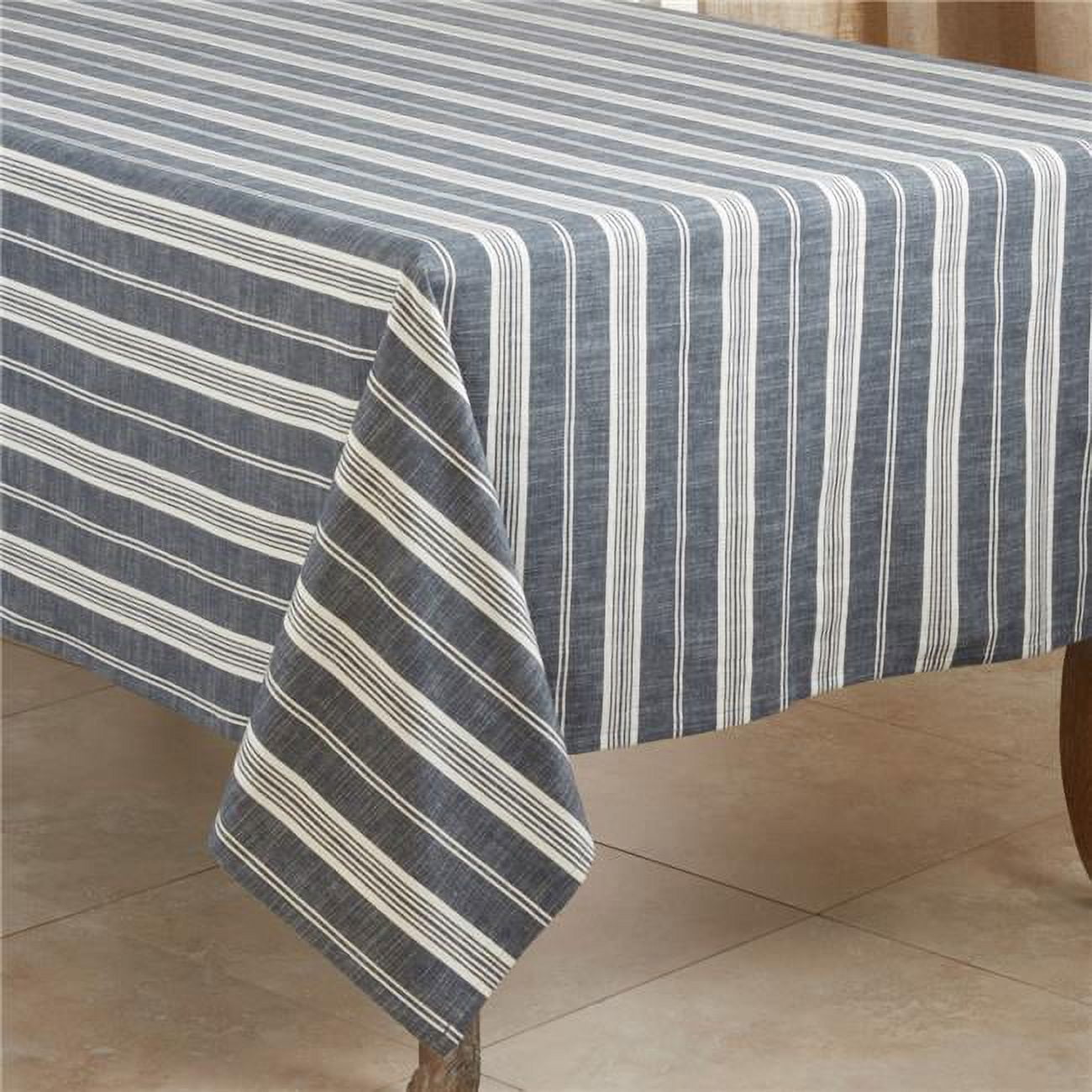 Navy Blue Striped Cotton Square Tablecloth 70"