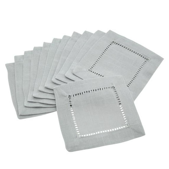 SARO 6 in. Square Classic Hemstitch Border Cocktail Napkin Grey - Set of 12