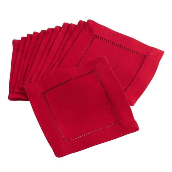 SARO 6 in. Square Classic Hemstitch Border Cocktail Napkin Red - Set of 12