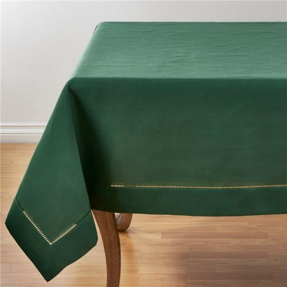 SARO  60 in. Square Classic Hemstitch Border Tablecloth - Jasper Green