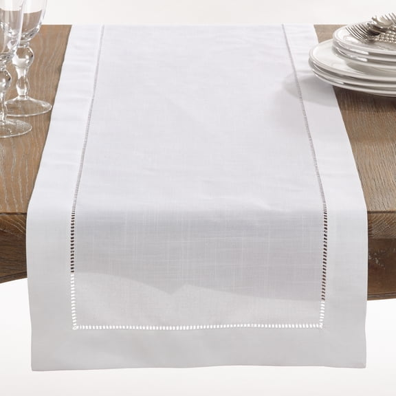 SARO 6300.W1690B 16 x 90 in. Rectangle Classic Hemstitch Border Table Runner White