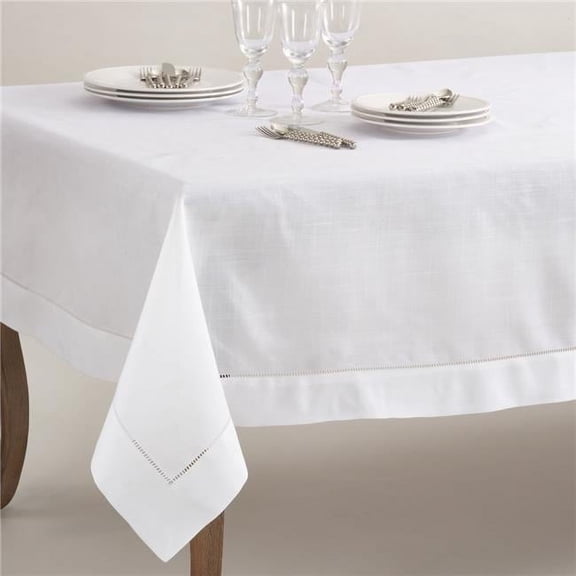 SARO 6300.W70104B 70 x 104 in. Rectangle Classic Hemstitch Border Tablecloth White