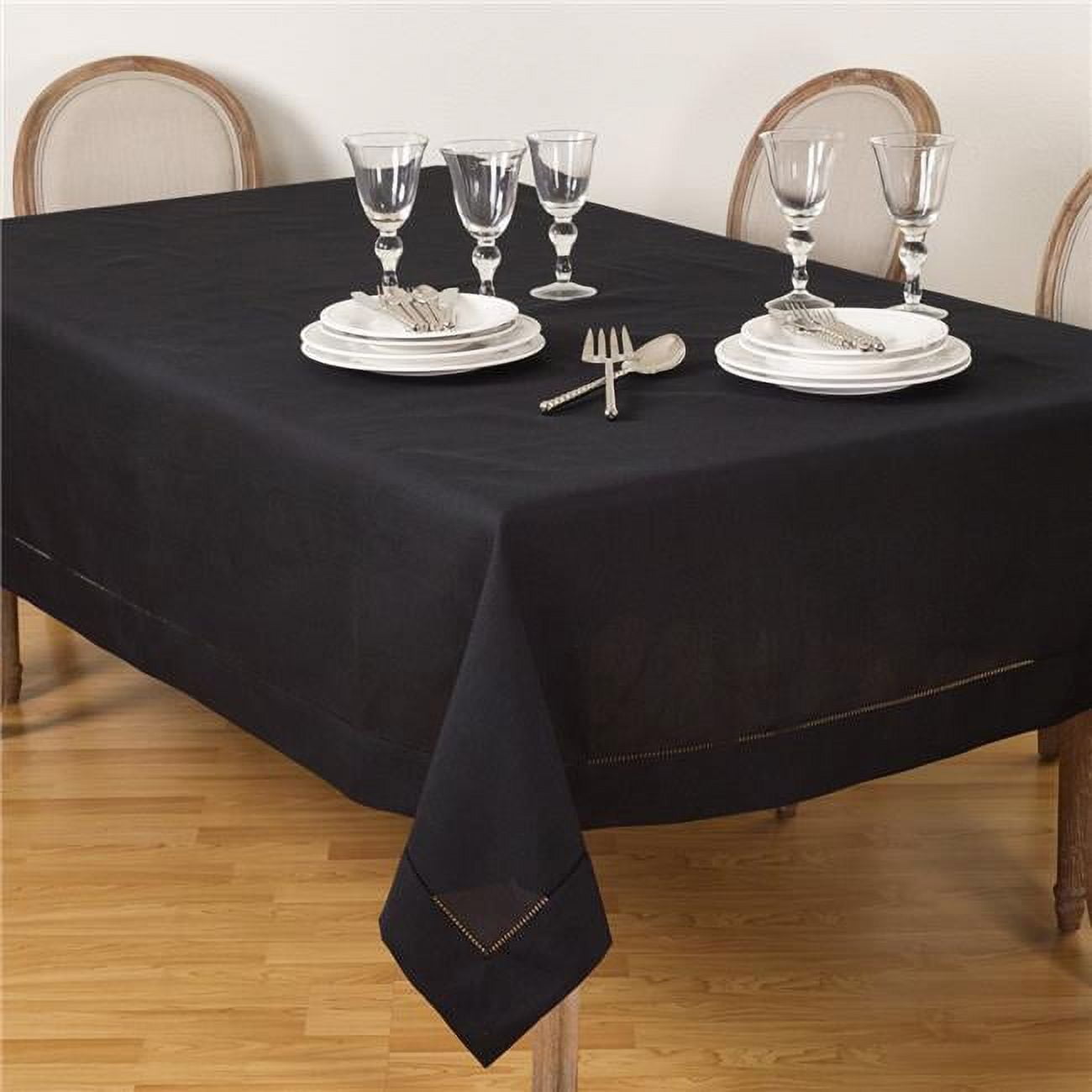 Black Hemstitched Border Rectangular Tablecloth, 70" x 160"