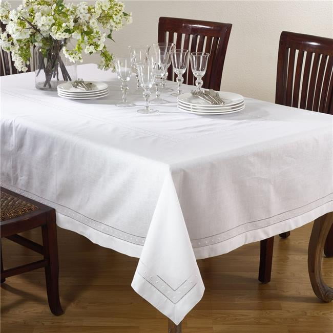 White Hemstitched Linen Blend Rectangular Tablecloth