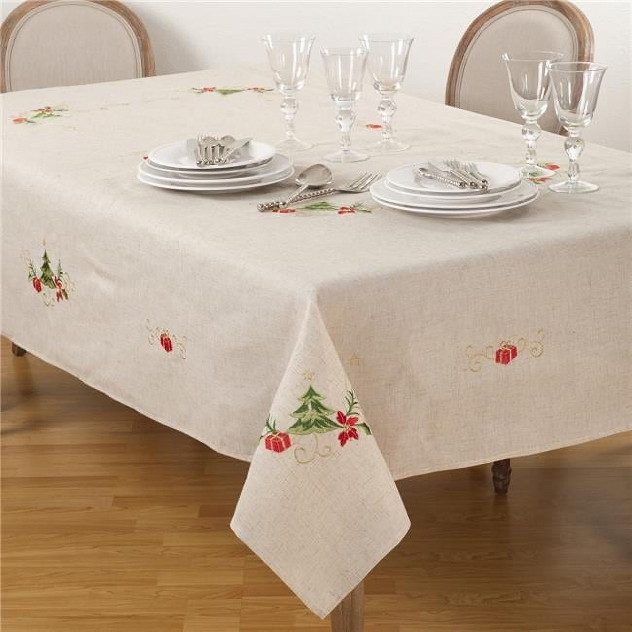 Natural Embroidered Christmas Tree Linen Blend Tablecloth, 67" x 104"