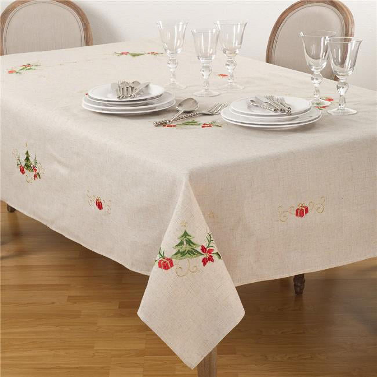 Natural Embroidered Christmas Tree Linen Blend Tablecloth, 67" x 104"