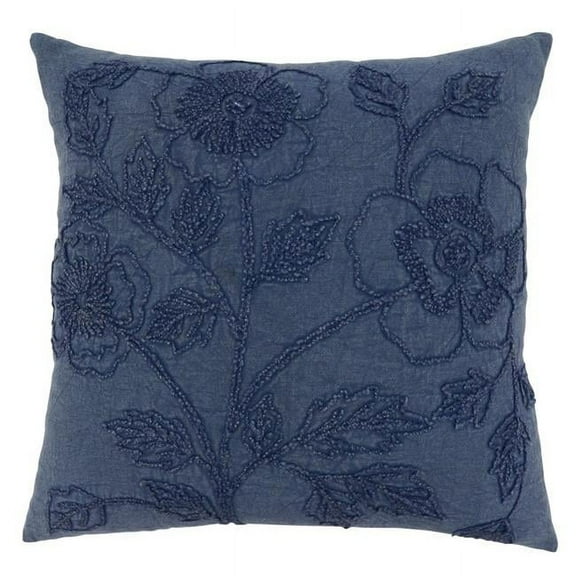 SARO 683.DN20SD 20 in. Square Denim Stone Washed Floral Throw Pillow with Down Filling