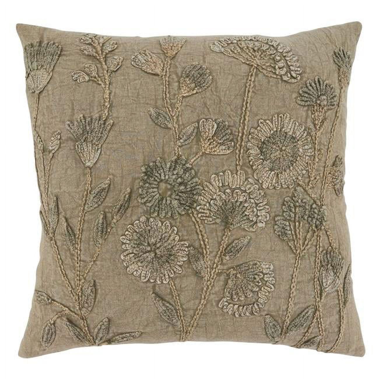 Taupe Floral Appliqued Cotton Square Pillow Cover