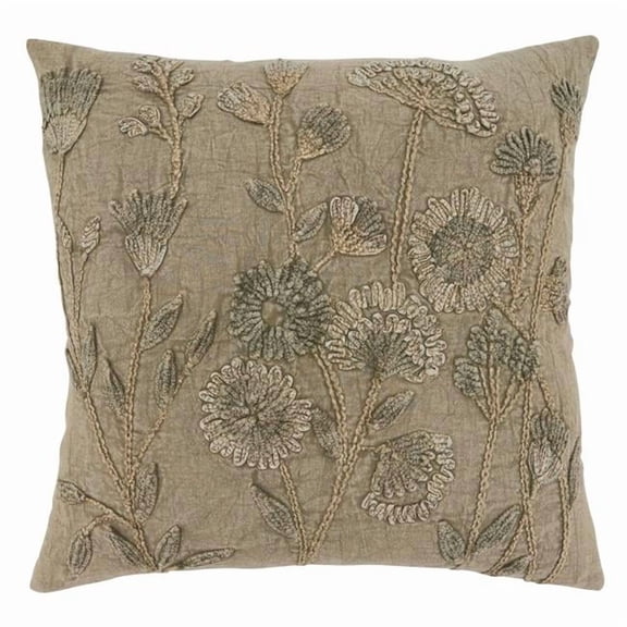 SARO 686.T20SD 20 in. Square Taupe Stone Washed Floral Throw Pillow with Down Filling