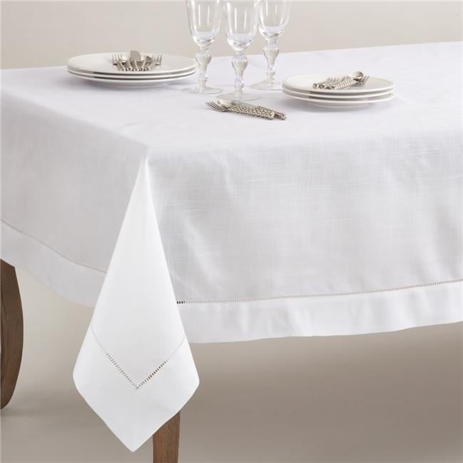 White Hemstitch Border Rectangular Fabric Tablecloth
