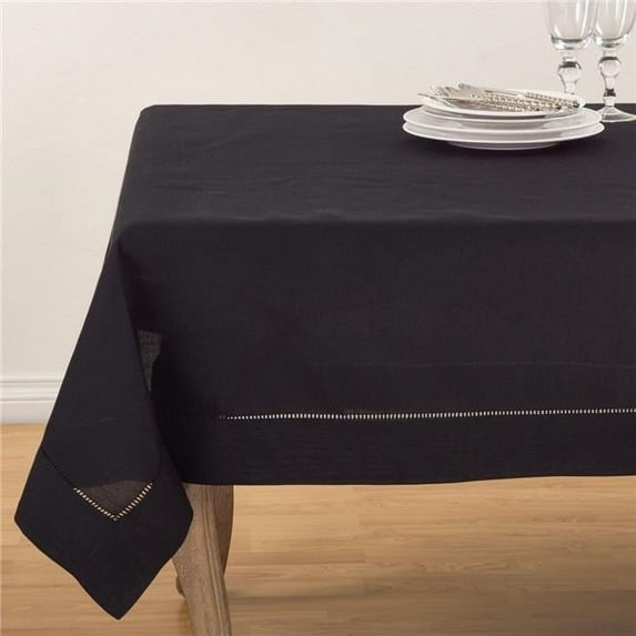 SARO 72 in. Square Classic Hemstitch Border Tablecloth Black