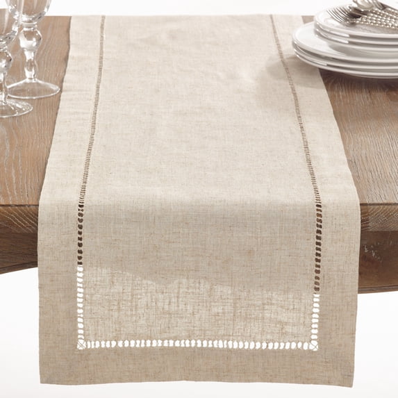 SARO 731.N1672B 72 in. Rectangle Hemstitched Linen Blend Table Runner - Natural