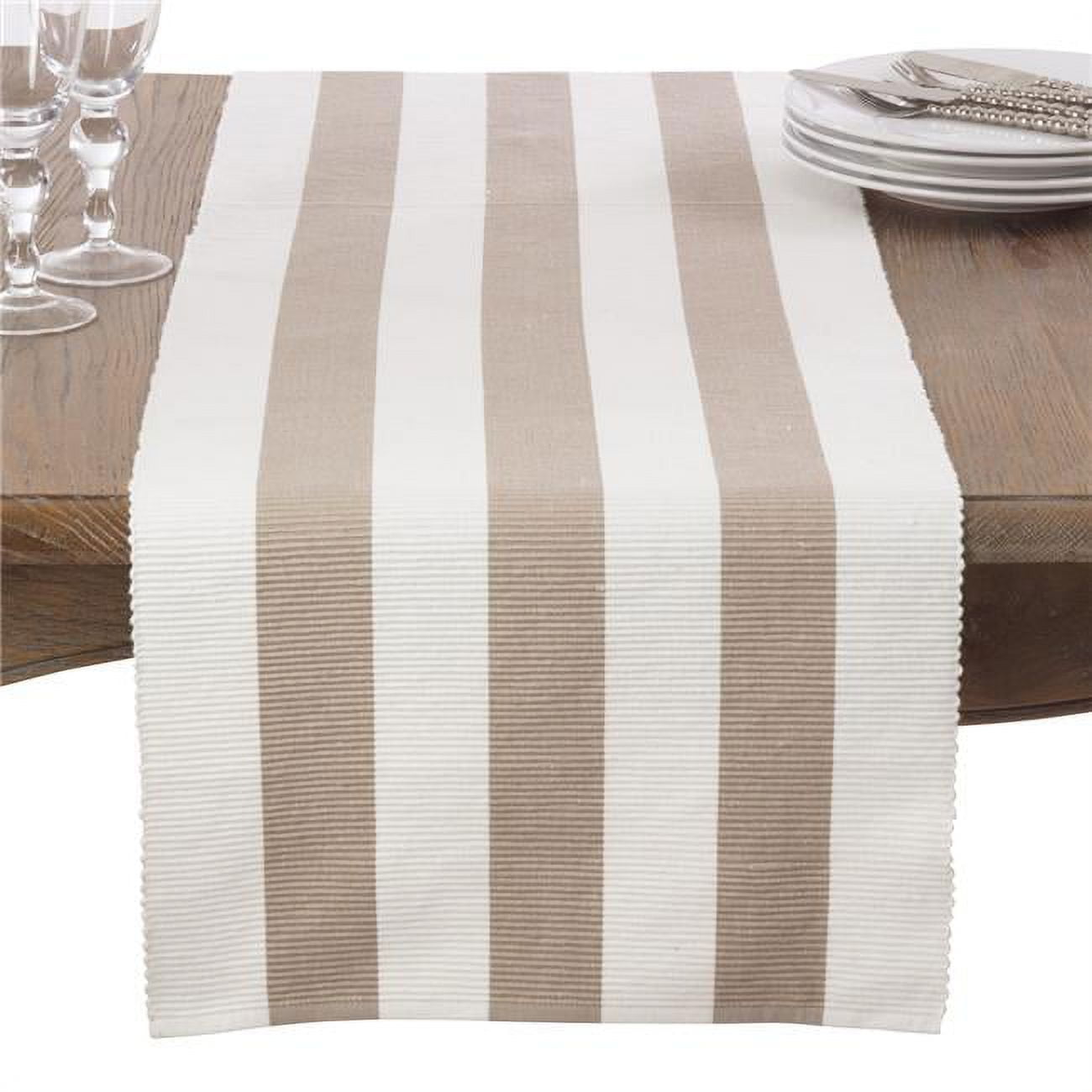 Taupe and Off-White Cotton Stripe Table Runner 16"x72"
