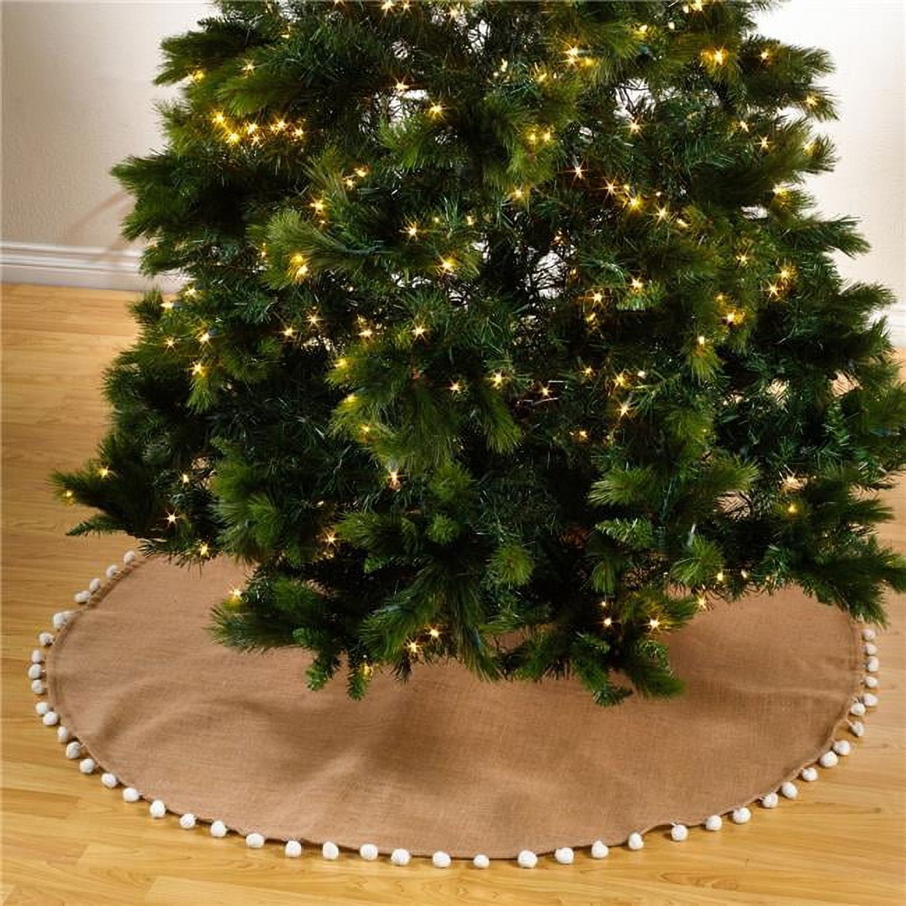 Natural Jute Christmas Tree Skirt with White Pom Poms
