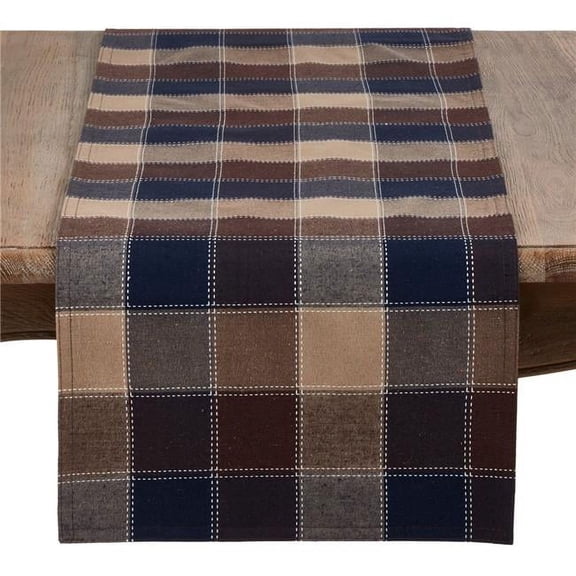 SARO 8571.BR1672B 16 x 72 in. Rectangle Stitched Plaid Cotton Blend Table Runner - Brown