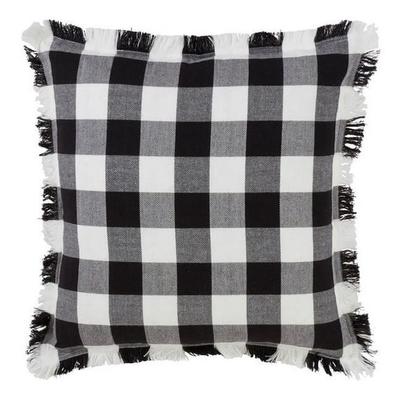 SARO 9026P.BK20S 20 in. Square Fringed Buffalo Plaid Design Cotton Throw Pillow with Down Filling - Black