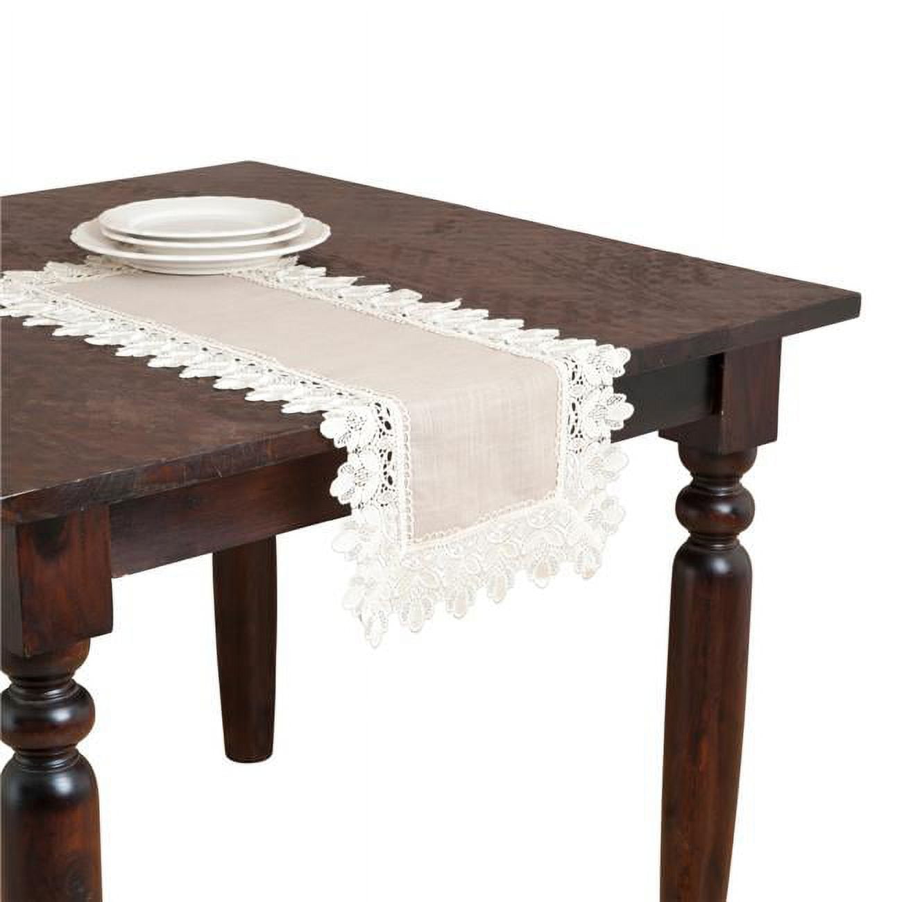 Taupe Lace Trimmed Floral Table Runner 16" x 36" Polyester
