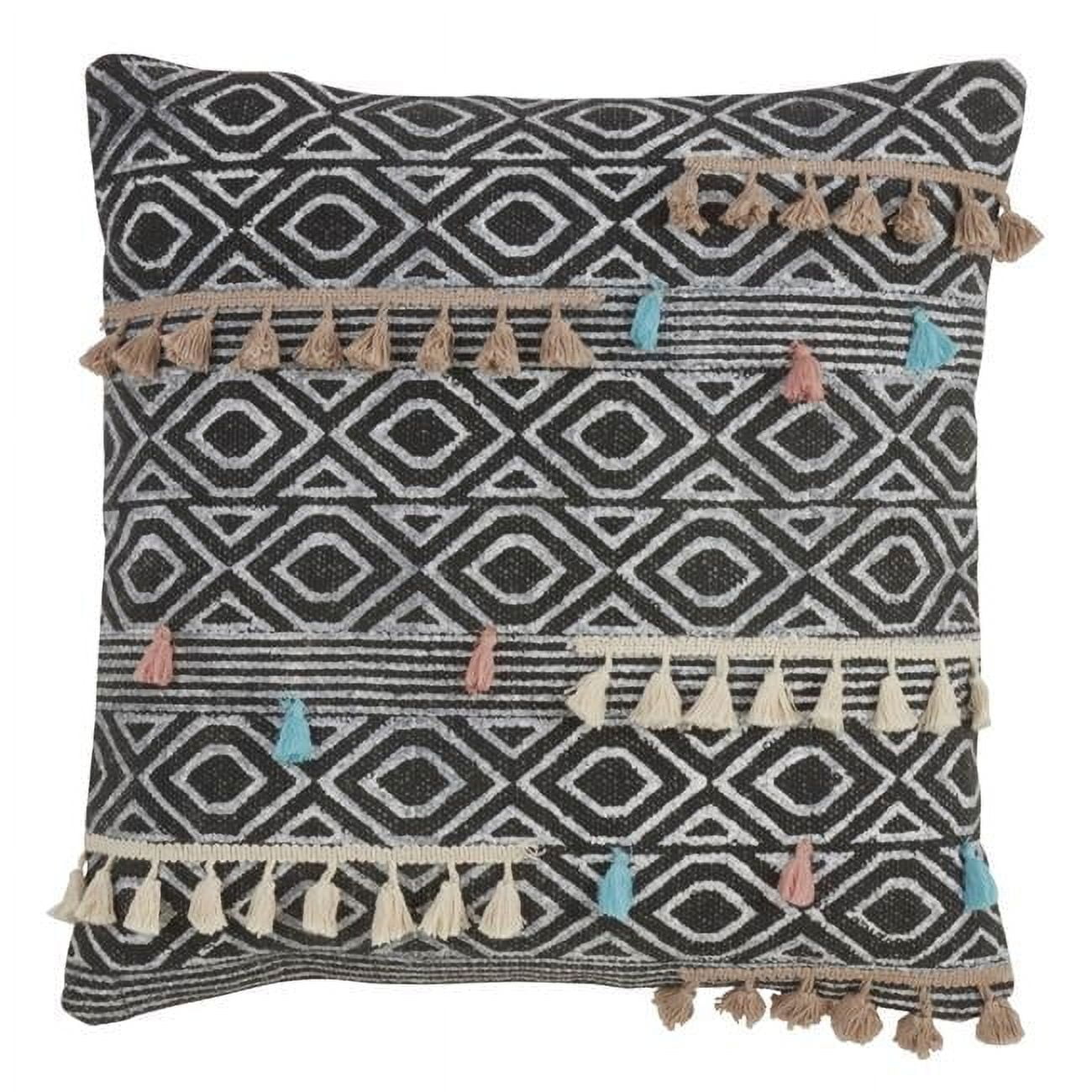 Black and White Geometric Cotton Tassel Pillow, 18" Square