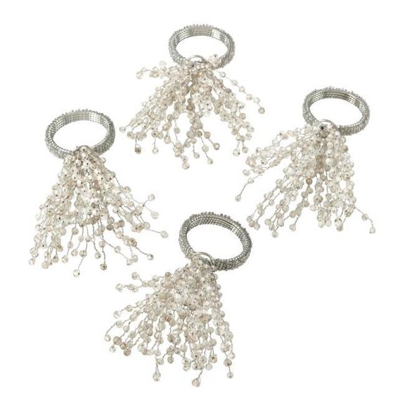 SARO Beaded Spray Design Napkin Ring Silver - Set of 4