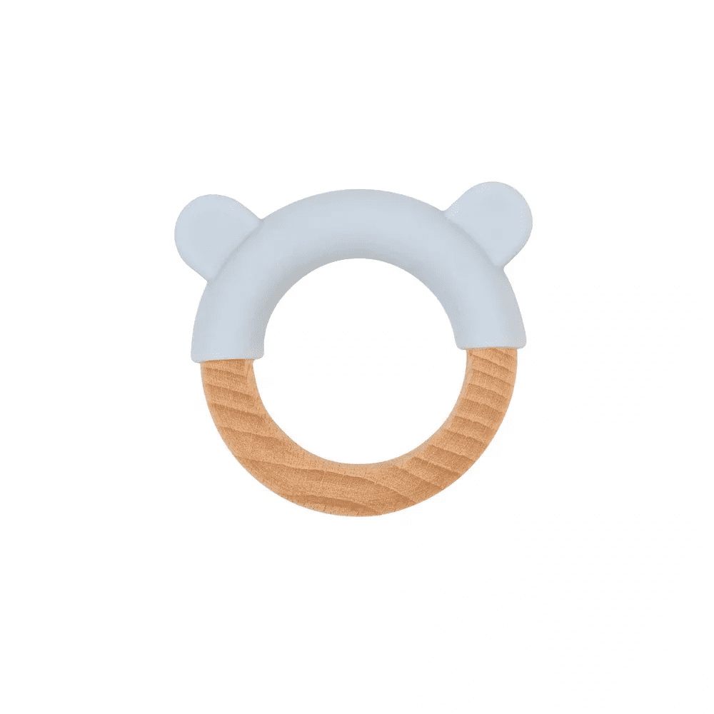 SARO Beechwood & Silicone Blue Teether - Natural Sensory Teething Toy for Babies 12-18 Months