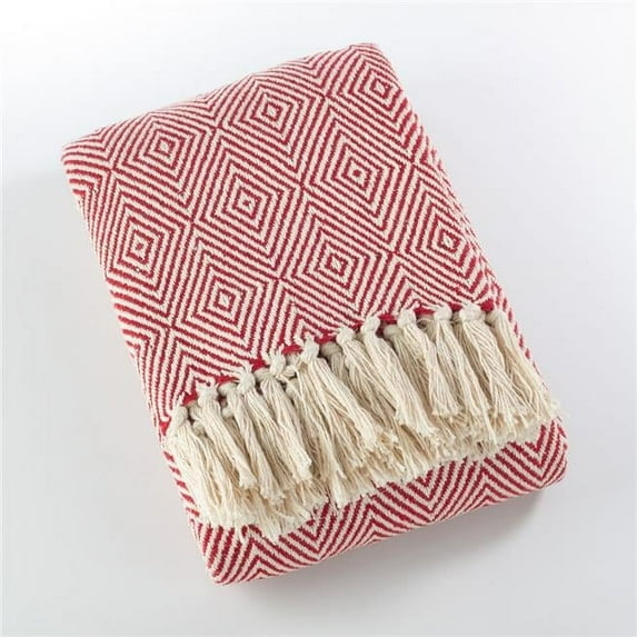 SARO Cotton Throw Blanket with Diamond Weave Design Red
