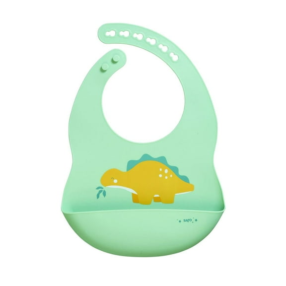 SARO Dino Silicone Baby Bib - Mint: Adjustable, Crumb Catcher, Food-Grade, Dinosaur Bib, Baby Feeding Bib, Mess-Free Mealtime