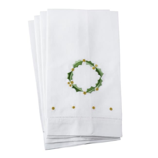 White Cotton Linen Holiday Hand Towels with Holly Leaf Embroidery, Set of 4